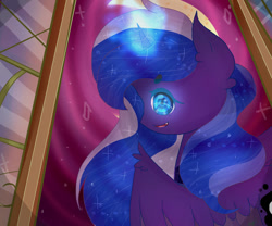 Size: 979x816 | Tagged: safe, artist:magicangelstarartist, derpibooru import, princess luna, alicorn, ethereal mane, glowing, glowing horn, horn, looking at you, looking back, looking back at you, solo, starry mane, throne