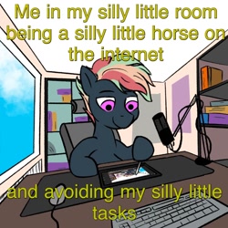 Size: 1000x1000 | Tagged: safe, artist:single purpose, derpibooru import, oc, oc only, oc:treading step, pegasus, pony, book, bookshelf, cloud, computer mouse, drawing, drawing tablet, keyboard, male, microphone, solo, stallion, window