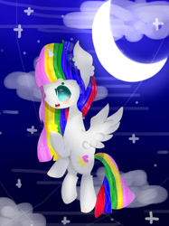 Size: 1024x1366 | Tagged: safe, artist:magicangelstarartist, derpibooru import, oc, oc only, pegasus, pony, crescent moon, female, mare, moon, multicolored hair, solo, starry night