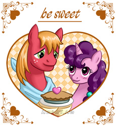 Size: 735x800 | Tagged: safe, artist:facja, derpibooru import, big macintosh, sugar belle, earth pony, pony, blushing, food, holiday, pie, valentine's day