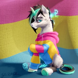 Size: 1257x1259 | Tagged: safe, artist:thatonegib, derpibooru import, oc, oc only, amputee, clothes, commission, hoodie, horn, looking at you, multicolored hair, pansexual pride flag, pride, pride flag, prosthetic leg, prosthetic limb, prosthetics, scar, shy, sitting, smiling, solo, unshorn fetlocks, ych result