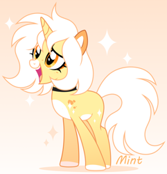 Size: 2180x2260 | Tagged: safe, artist:mint-light, derpibooru import, oc, oc only, unicorn, female, gradient background, horn, looking to side, looking to the left, open mouth, open smile, signature, smiling, solo, unicorn oc