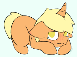 Size: 575x423 | Tagged: safe, artist:starstrucksocks, derpibooru import, oc, oc only, unicorn, blushing, eyes open, golden eyes, gray background, horn, lying down, male, orange coat, simple background, solo, stallion, teary eyes