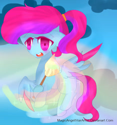 Size: 863x926 | Tagged: safe, artist:magicangelstarartist, derpibooru import, oc, oc only, pegasus, pony, female, flying, mare, multicolored hair, paintbrush, simple background, solo