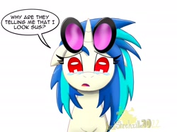 Size: 2732x2048 | Tagged: safe, artist:lordshrekzilla20, derpibooru import, dj pon-3, vinyl scratch, pony, unicorn, amogus eyes, among us, crying, female, looking at you, mare, meme, simple background, solo, speech bubble, sunglasses, sus (among us), white background