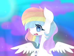 Size: 1024x768 | Tagged: safe, artist:magicangelstarartist, derpibooru import, oc, oc only, pegasus, pony, female, mare, multicolored hair, simple background, solo, spread wings, wings