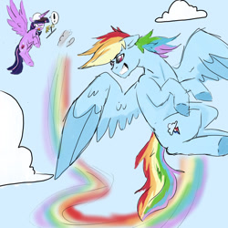 Size: 1024x1024 | Tagged: safe, artist:captainloafnugget, derpibooru import, rainbow dash, twilight sparkle, twilight sparkle (alicorn), alicorn, pegasus, clipboard, cloud, contrail, exclamation point, flying, hat, pencil, rainbow contrail, shocked, shocked expression, stopwatch