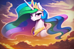 Size: 3072x2048 | Tagged: safe, derpibooru import, editor:montaraz13, generator:novelai, generator:stable diffusion, machine learning assisted, princess celestia, alicorn, pony, bust, cloud, crown, eyebrows, female, high res, jewelry, lidded eyes, long mane, looking at you, majestic, mare, peytral, portrait, regalia, sky, sky background, smiling, smiling at you, sunset