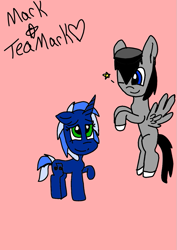 Size: 679x960 | Tagged: safe, derpibooru import, oc, oc only, oc:chopsticks, pegasus, pony, unicorn, duo, female, flying, hat, heart, male, mare, oc x oc, one eye closed, shipping, simple background, stallion, text, wink