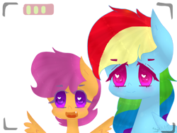 Size: 1024x768 | Tagged: safe, artist:magicangelstarartist, derpibooru import, rainbow dash, scootaloo, pegasus, pony, bust, camera shot, duo, female, filly, foal, mare, simple background, transparent background