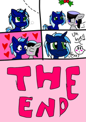 Size: 679x960 | Tagged: safe, derpibooru import, oc, oc only, oc:chopsticks, pegasus, pony, unicorn, comic, duo, female, heart, kiss on the cheek, kissing, male, mare, mistletoe, oc x oc, shipping, stallion, text