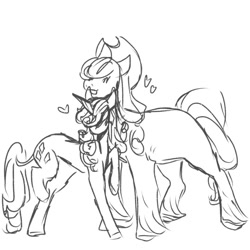 Size: 540x540 | Tagged: safe, artist:rareapples, derpibooru import, applejack, rarity, earth pony, unicorn, 2d, digital art, female, hat, height difference, horn, lesbian, mare, monochrome, nuzzling, rarijack, shipping, short, sketch, smiling, tall