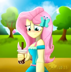 Size: 2033x2048 | Tagged: safe, artist:lordshrekzilla20, derpibooru import, fluttershy, equestria girls, blushing, breasts, bubble tea, butterfly hairpin, clothes, dress, drinking straw, geode of fauna, hairpin, holiday, magical geodes, offscreen character, outdoors, pov, solo, tree, valentine's day