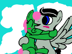 Size: 906x680 | Tagged: safe, derpibooru import, oc, oc only, oc:chopsticks, earth pony, pegasus, pony, base used, blushing, cloud, duo, female, hug, male, mare, oc x oc, shipping, stallion