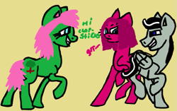 Size: 559x350 | Tagged: safe, derpibooru import, pinkie pie, oc, oc only, oc:chopsticks, earth pony, pegasus, pony, base used, canon x oc, dialogue, duo, female, growling, love triangle, male, mare, pinkamena diane pie, raised leg, shipping, shipping denied, simple background, stallion, text