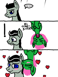 Size: 720x952 | Tagged: safe, derpibooru import, oc, oc only, oc:chopsticks, pegasus, pony, ..., base used, comic, dialogue, duo, exclamation point, female, heart, kissing, male, mare, oc x oc, shipping, stallion, surprise kiss, upside down