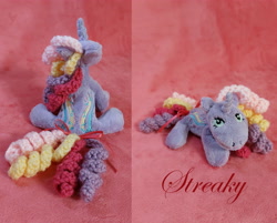 Size: 4958x3989 | Tagged: safe, artist:starfulstitches, derpibooru import, pony, unicorn, g1, female, lying down, mare, plushie, prone, rainbow curl pony, sitting, solo, streaky