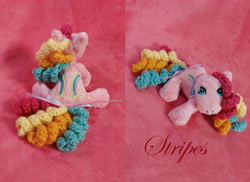 Size: 5183x3782 | Tagged: safe, artist:starfulstitches, derpibooru import, earth pony, pony, female, lying down, mare, plushie, prone, rainbow curl pony, sitting, solo, stripes (g1)