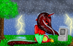 Size: 723x459 | Tagged: safe, artist:firedragonmoon15, derpibooru import, oc, oc:phoenix scarletruby, alicorn, pony, brown mane, colored wings, crying, cutie mark, gravestone, lightning, lowres, mint wings, rain, red wings, sitting, tree, two toned wings, wings