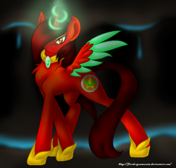 Size: 970x928 | Tagged: safe, artist:firedragonmoon15, derpibooru import, oc, oc:phoenix scarletruby, alicorn, pony, blurry background, brown mane, cave, colored wings, cutie mark, glowing, glowing horn, hoof shoes, horn, looking at you, mint wings, no mouth, red wings, serious, serious face, spread wings, two toned wings, wings