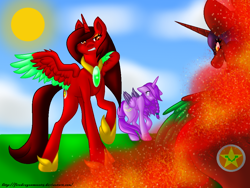 Size: 1024x768 | Tagged: safe, artist:firedragonmoon15, derpibooru import, oc, oc:nightmare phoenix, oc:phoenix scarletruby, alicorn, pony, angry, brown mane, colored wings, crying, cutie mark, looking at someone, mint wings, pink coat, pink mane, pink tail, raised hoof, raised leg, red coat, red wings, standing, sun, tail, two toned wings, wings