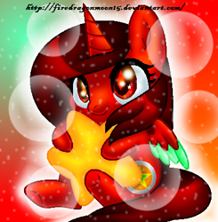 Size: 400x408 | Tagged: safe, artist:firedragonmoon15, derpibooru import, oc, oc:phoenix scarletruby, alicorn, pony, brown mane, brown tail, bubble, chibi, colored wings, gradient background, lowres, mint wings, plushie, red coat, red wings, sitting, smiling, star plushie, starry eyes, stars, tail, two toned wings, wingding eyes, wings