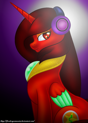 Size: 754x1060 | Tagged: safe, artist:firedragonmoon15, derpibooru import, oc, oc:phoenix scarletruby, alicorn, pony, abstract background, brown mane, brown tail, colored wings, headphones, looking at you, mint wings, red coat, red wings, sitting, solo, tail, two toned wings, wings