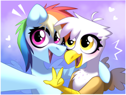 Size: 2160x1620 | Tagged: safe, artist:rtootb, derpibooru import, gilda, rainbow dash, griffon, pegasus, pony, friendship is magic, g4, baby, baby griffon, baby pony, beak, best friends, big eyes, blue background, blue fur, blushing, cloud, colt, cute, cute pony, cute smile, digital art, duo, duo female, eyes open, feather, feathered wings, female, foal, frame, friends, gildadorable, glare, golden eyes, gradient background, halfbody, happy, happy baby, looking at something, looking up, male, mare, multicolored hair, open mouth, open smile, peace sign, photography, pink eyes, purple background, rainbow hair, raised hoof, raised leg, selfie, simple background, smiling, spread wings, stylized, victory sign, white fur, wings