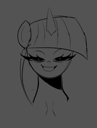 Size: 1127x1480 | Tagged: safe, artist:ponconcarnal, derpibooru import, twilight sparkle, pony, unicorn, bust, monochrome, sketch, smiling, solo