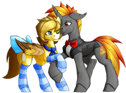 Size: 1024x755 | Tagged: safe, artist:thatonegib, derpibooru import, oc, oc only, pegasus, unicorn, bowtie, clothes, ear piercing, earring, folded wings, holding hooves, jacket, jewelry, looking at each other, looking at someone, multicolored hair, neckerchief, piercing, smiling, socks, wings