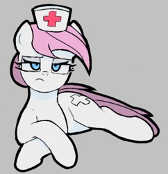 Size: 880x908 | Tagged: safe, artist:ponconcarnal, derpibooru import, nurse redheart, earth pony, pony, frown, lying down, solo