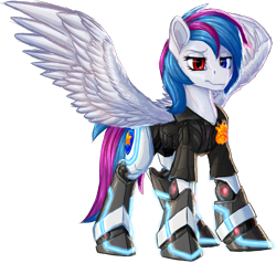 Size: 1607x1532 | Tagged: safe, artist:thatonegib, derpibooru import, oc, oc only, amputee, clothes, heterochromia, jacket, multicolored hair, police, police officer, police uniform, prosthetic leg, prosthetic limb, prosthetics, solo, spread wings, wings