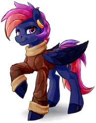 Size: 1024x1311 | Tagged: safe, artist:thatonegib, derpibooru import, oc, oc only, pegasus, clothes, ear piercing, earring, folded wings, jacket, jewelry, looking at you, piercing, raised hoof, raised leg, smiling, solo, wings