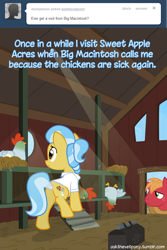 Size: 600x900 | Tagged: safe, artist:adiwan, derpibooru import, big macintosh, doctor fauna, bird, chicken, earth pony, pony, ask, ask the vet pony, butt, female, male, mare, plot, sick, solo, stallion