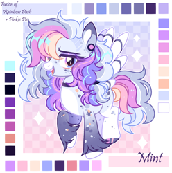 Size: 2268x2284 | Tagged: safe, artist:mint-light, derpibooru import, oc, oc only, pegasus, adoptable, checkered background, ear piercing, earring, female, fusion, fusion:pinkie pie, fusion:rainbow dash, jewelry, looking at you, multicolored coat, multicolored hair, multicolored mane, open mouth, open smile, palette, pegasus oc, piercing, raised hoof, raised leg, signature, smiling, solo