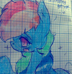 Size: 882x906 | Tagged: safe, artist:magicangelstarartist, derpibooru import, rainbow dash, gift art, graph paper, halfbody, photo, side view, solo, traditional art