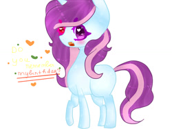 Size: 1024x768 | Tagged: safe, artist:magicangelstarartist, derpibooru import, oc, oc only, pony, unicorn, birthday gift art, female, gift art, heterochromia, mare, simple background, solo, text