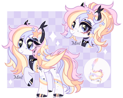 Size: 2620x2094 | Tagged: safe, artist:mint-light, derpibooru import, oc, oc only, bat pony, adoptable, bat ears, bat pony oc, checkered background, choaker, eyeshadow, female, hairpin, looking at you, makeup, multicolored coat, multicolored hair, multicolored mane, music notes, palette, signature, slit eyes, smiling, snake eyes, sparkles