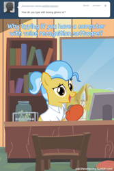 Size: 600x900 | Tagged: safe, artist:adiwan, derpibooru import, doctor fauna, earth pony, pony, ask, ask the vet pony, bookshelf, boxer gloves, computer, solo