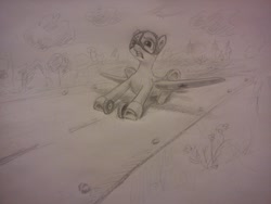 Size: 1500x1125 | Tagged: safe, derpibooru import, oc, oc only, original species, plane pony, pony, airfield, cloud, crash landing, cute, flower, frown, landing, mig-3, mikoyan-gurevich mig-3, nervous, ouch, pencil drawing, plane, runway, scared, simple background, sketch, solo, traditional art, tree, unnamed oc