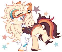 Size: 2220x1884 | Tagged: safe, artist:mint-light, derpibooru import, oc, oc only, earth pony, adoptable, colar, duckface, ear piercing, earring, earth pony oc, female, hair over one eye, jewelry, looking at you, multicolored coat, multicolored hair, multicolored mane, palette, piercing, raised hoof, raised leg, signature, simple background, solo, stars, unshorn fetlocks, white background