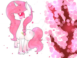 Size: 1024x768 | Tagged: safe, artist:magicangelstarartist, derpibooru import, oc, oc only, oc:sakura, pony, unicorn, art trade, cherry blossoms, female, flower, flower blossom, mare, side view, simple background, solo, watermark