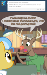 Size: 600x950 | Tagged: safe, artist:adiwan, derpibooru import, doctor fauna, deer, earth pony, pony, ask, ask the vet pony, clothes, red nose, rudolph the red nosed reindeer, sweater