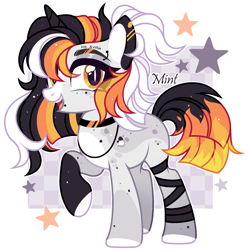 Size: 1870x1884 | Tagged: safe, artist:mint-light, derpibooru import, oc, oc only, checkered background, choaker, commission, cyrillic, eyebrow piercing, female, freckles, jewelry, leg wraps, looking at you, multicolored hair, multicolored mane, necklace, open mouth, open smile, piercing, raised hoof, raised leg, signature, smiling, solo, stars, tattoo