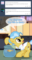 Size: 600x1100 | Tagged: safe, artist:adiwan, derpibooru import, doctor fauna, earth pony, fish, pony, aquarium, ask, ask the vet pony, dead, female, mare, solo, x eyes