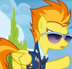 Size: 1648x1567 | Tagged: safe, derpibooru import, screencap, spitfire, pegasus, pony, top bolt, angry, annoyed, bush, clothes, cloud, cropped, drill sergeant, female, mare, necktie, pointing, raised hoof, raised leg, solo, suit, sunglasses, uniform, whistle, whistle necklace, wonderbolts dress uniform