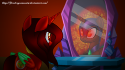 Size: 800x450 | Tagged: safe, artist:firedragonmoon15, derpibooru import, oc, oc:nightmare phoenix, oc:phoenix scarletruby, alicorn, pony, brown mane, brown tail, colored wings, crystal furniture, cutie mark, gradient background, helmet, jewelry, looking at mirror, mint wings, mirror, necklace, red coat, red wings, tail, two toned wings, wings