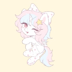 Size: 800x800 | Tagged: safe, artist:_nillabean_, derpibooru import, oc, pony, unicorn, chibi, female, mare, one eye closed, simple background, solo, wink, yellow background