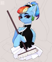 Size: 1794x2160 | Tagged: safe, artist:elektra-gertly, derpibooru import, rainbow dash, pegasus, pony, broom, clothes, female, maid, mare, rainbow maid, solo