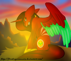 Size: 494x424 | Tagged: safe, artist:firedragonmoon15, derpibooru import, oc, oc:phoenix scarletruby, alicorn, pony, brown mane, brown tail, cliff, colored wings, crying, cutie mark, ears back, gritted teeth, head down, hoof shoes, jewelry, lidded eyes, lowres, mint wings, necklace, red coat, red wings, sitting, spread wings, sunset, tail, teeth, two toned wings, wings